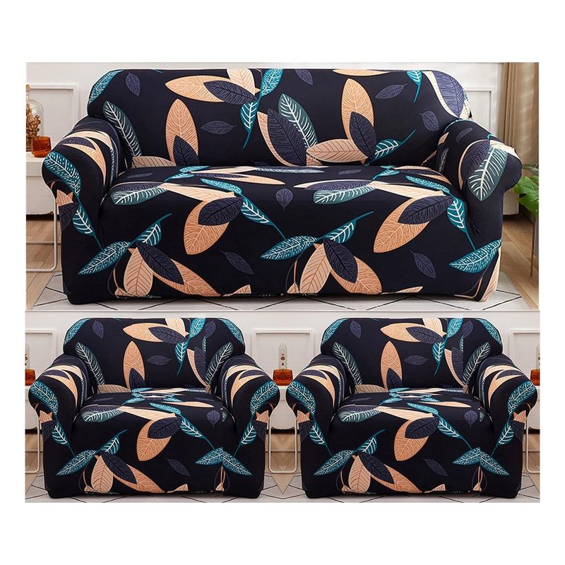 GENERICO - FUNDAS PARA  MUEBLE 3+1+1 CUBRE SILLON  TELA ELASTICA AZUL HOJAS TF