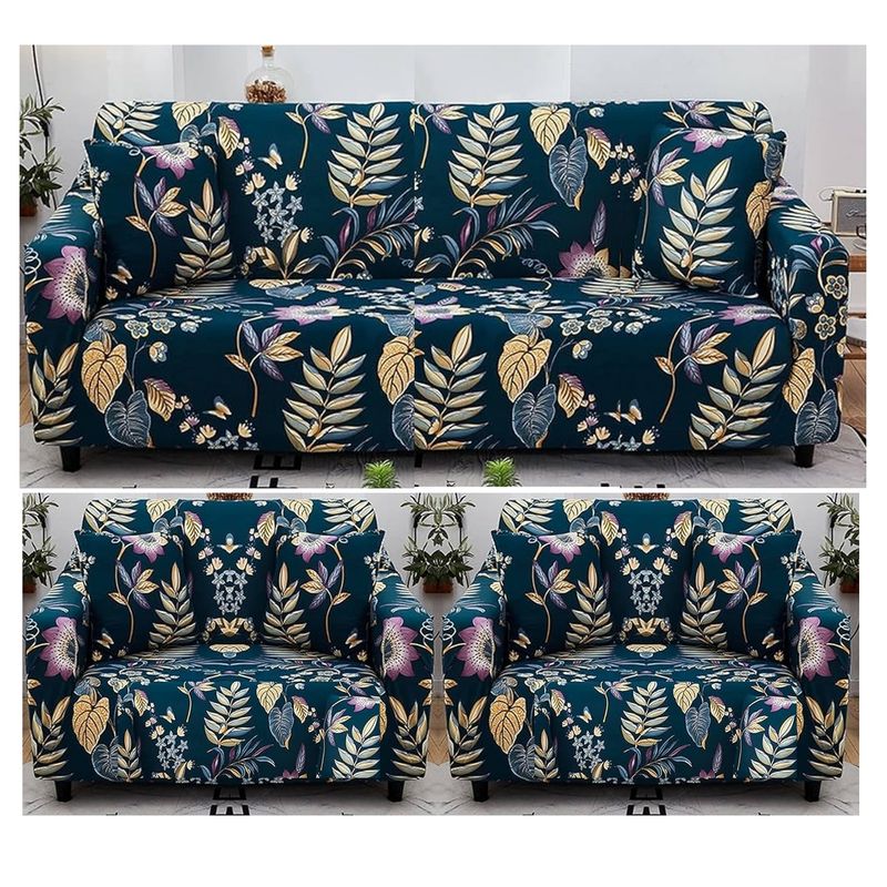 GENERICO - FUNDAS PARA  MUEBLE 3+1+1 CUBRE SILLON  TELA ELASTICA AZUL HOJAS TF