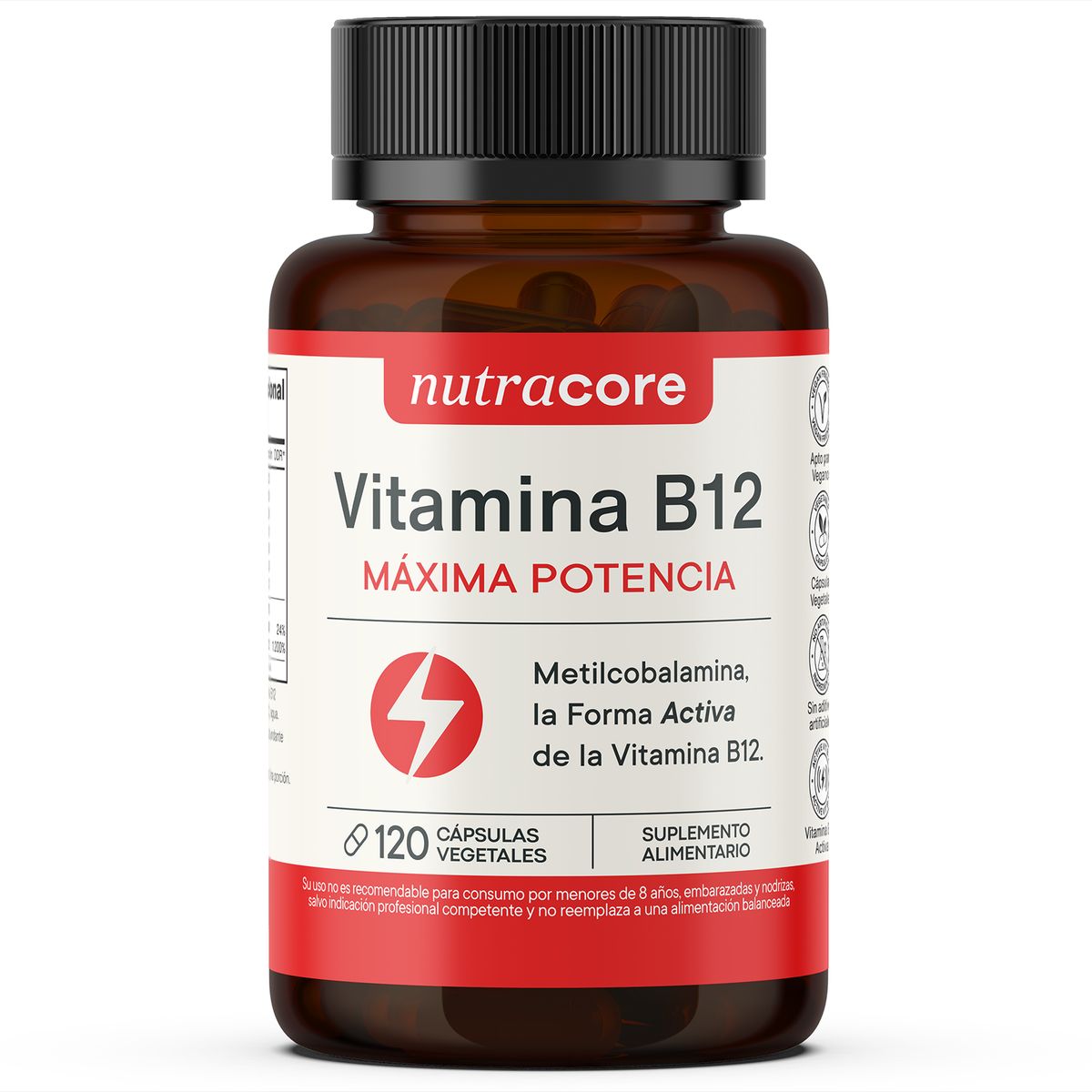 NUTRACORE - Vitamina B12 Activa 12mcg Vegana Metilcobalamina - 120 Cáps Vegetales