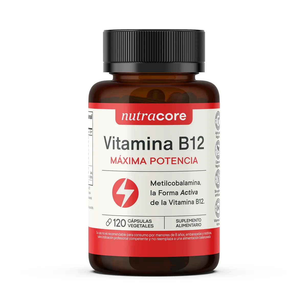 NUTRACORE - Vitamina B12 Activa 12mcg Vegana Metilcobalamina - 120 Cáps Vegetales