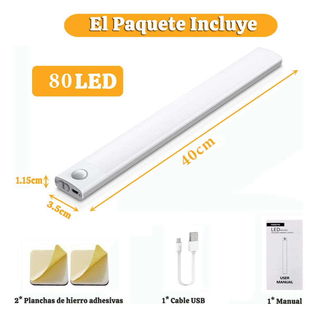 GENERICO - 40cm Barra De Luz Sensor De Movimiento Recargable Regulable