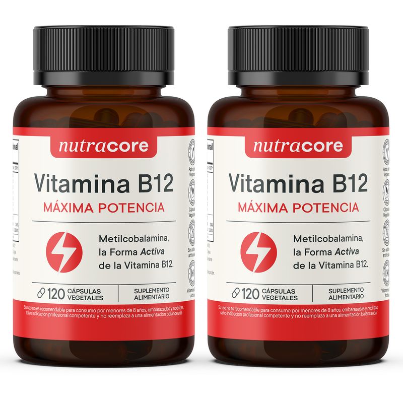 NUTRACORE - Vitamina B12 Activa 12mcg Vegana - Pack 2x120 Cáps Vegetales