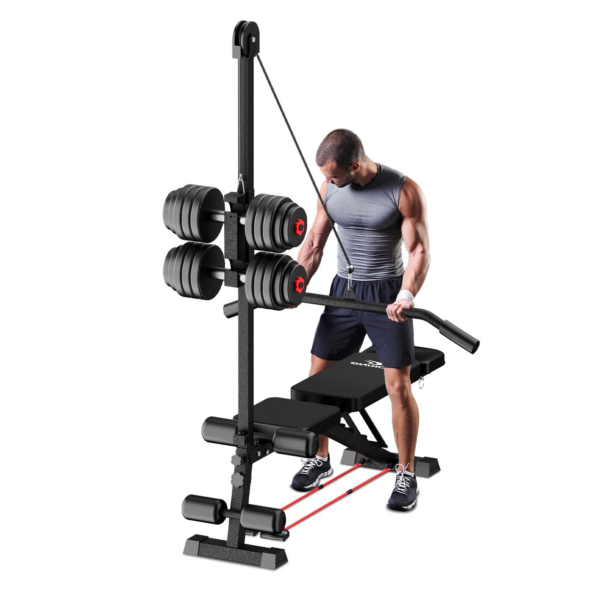 KOKILA - Banco de Ejercicios Reclinable con Sistema de Poleas y Squat