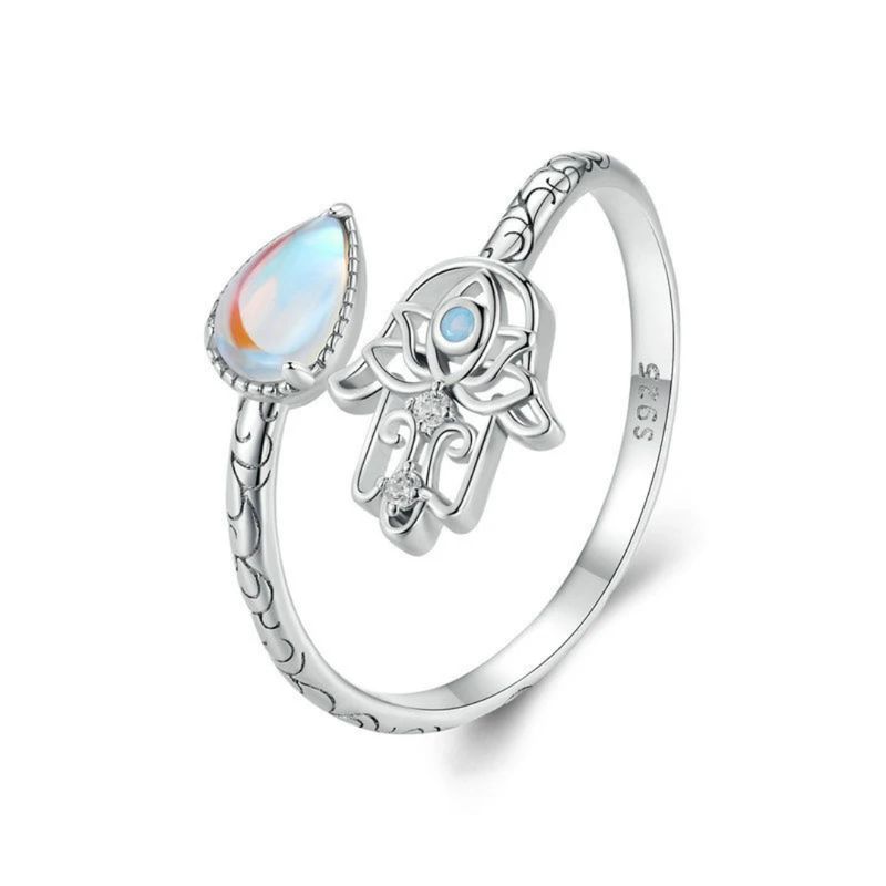 GENERICO - Anillo plata 925 ajustable mano fatima suerte piedra luna