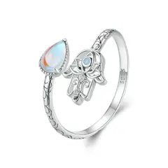 GENERICO - Anillo plata 925 ajustable mano fatima suerte piedra luna