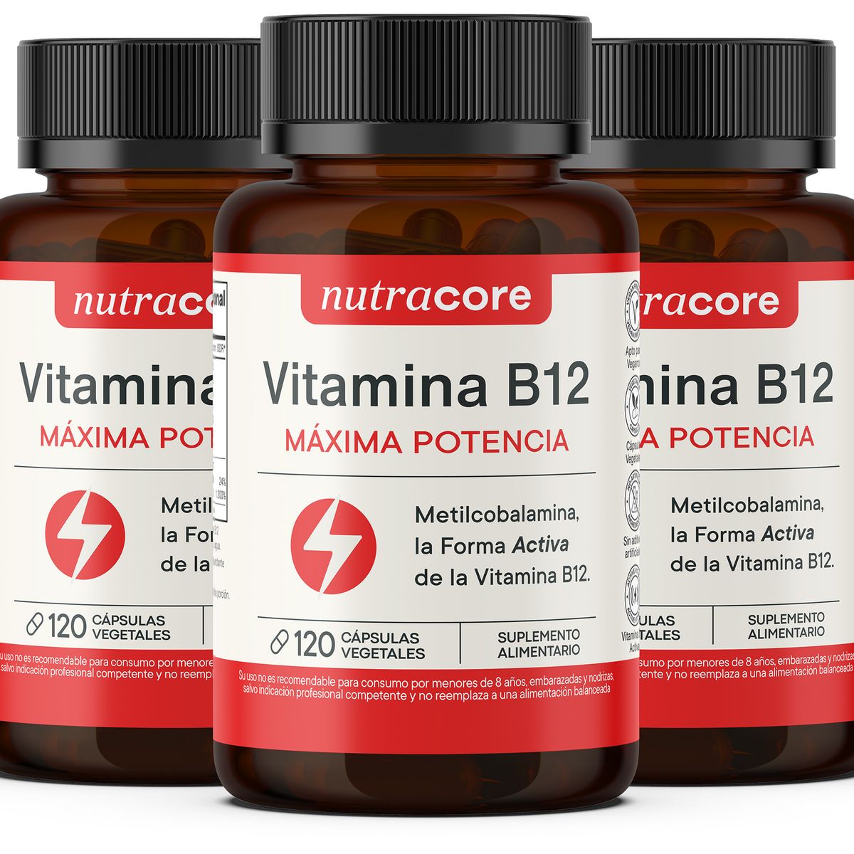 NUTRACORE - Vitamina B12 Activa 12mcg Vegana - Pack 3x120 Cáps Vegetales
