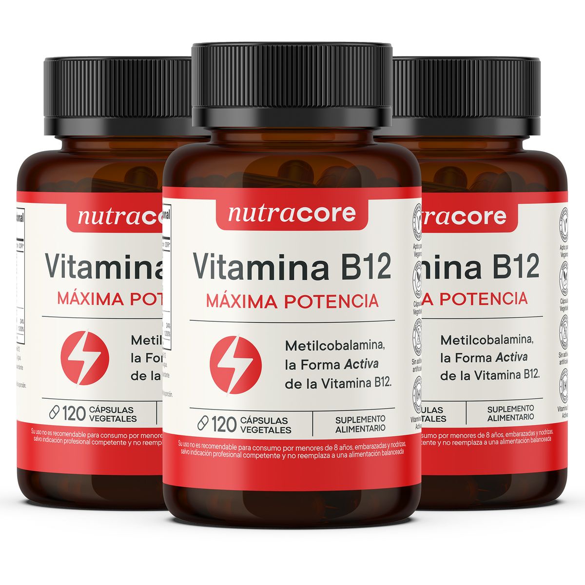 NUTRACORE - Vitamina B12 Activa 12mcg Vegana - Pack 3x120 Cáps Vegetales