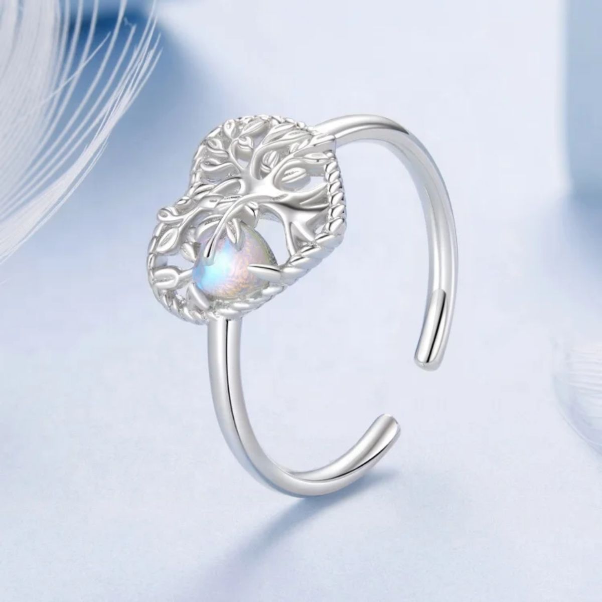 GENERICO - Anillo plata 925 ajustable arbol de la vida piedra luna