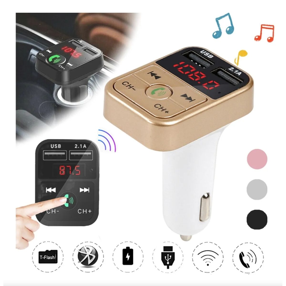 EDWINAYY - Receptor Bluetooth Autos Transmisor Fm Mp3 Carga Rapida Usb