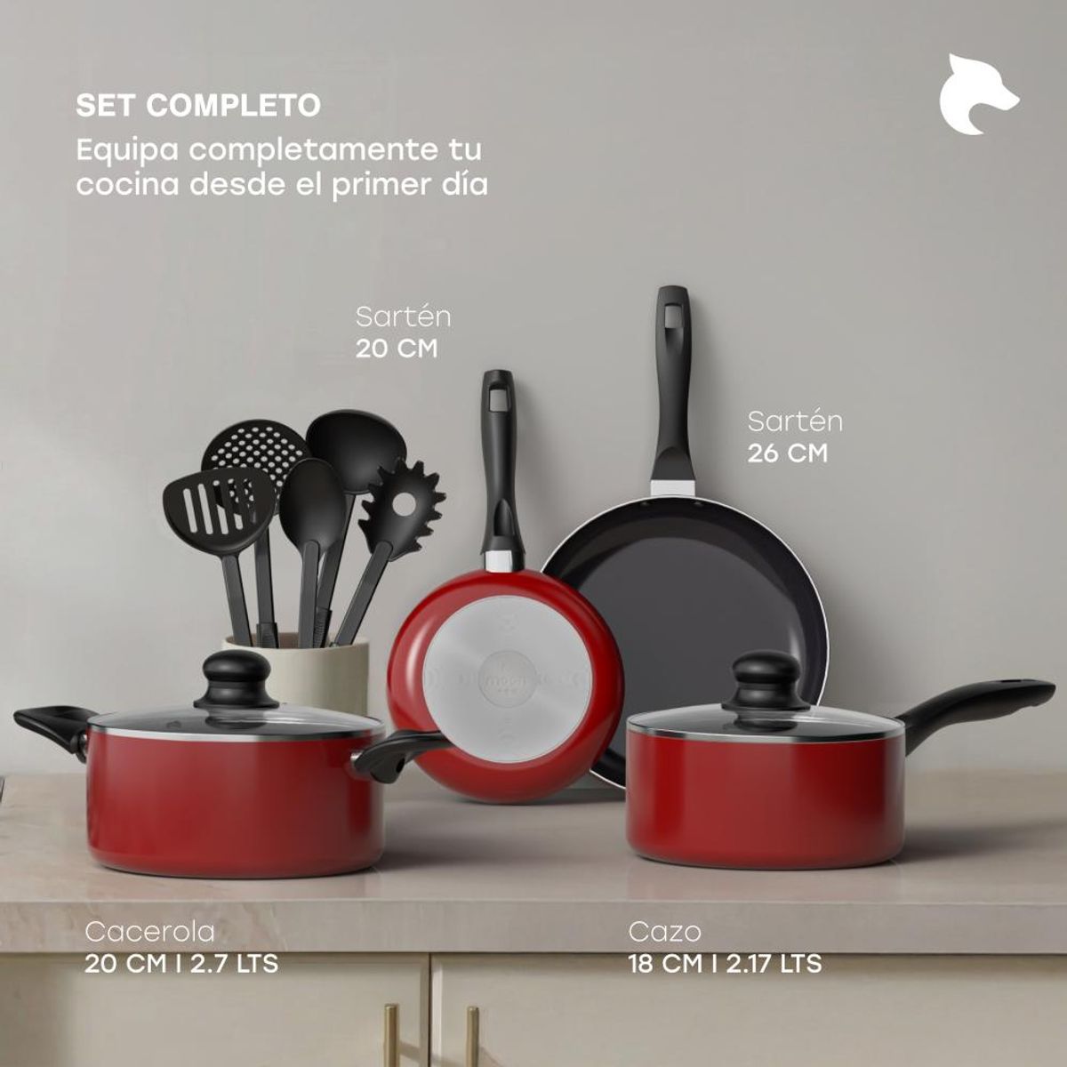 GENERICO - Batería de Cocina 15 Piezas Omni Aluminio Antiadherente Rojo