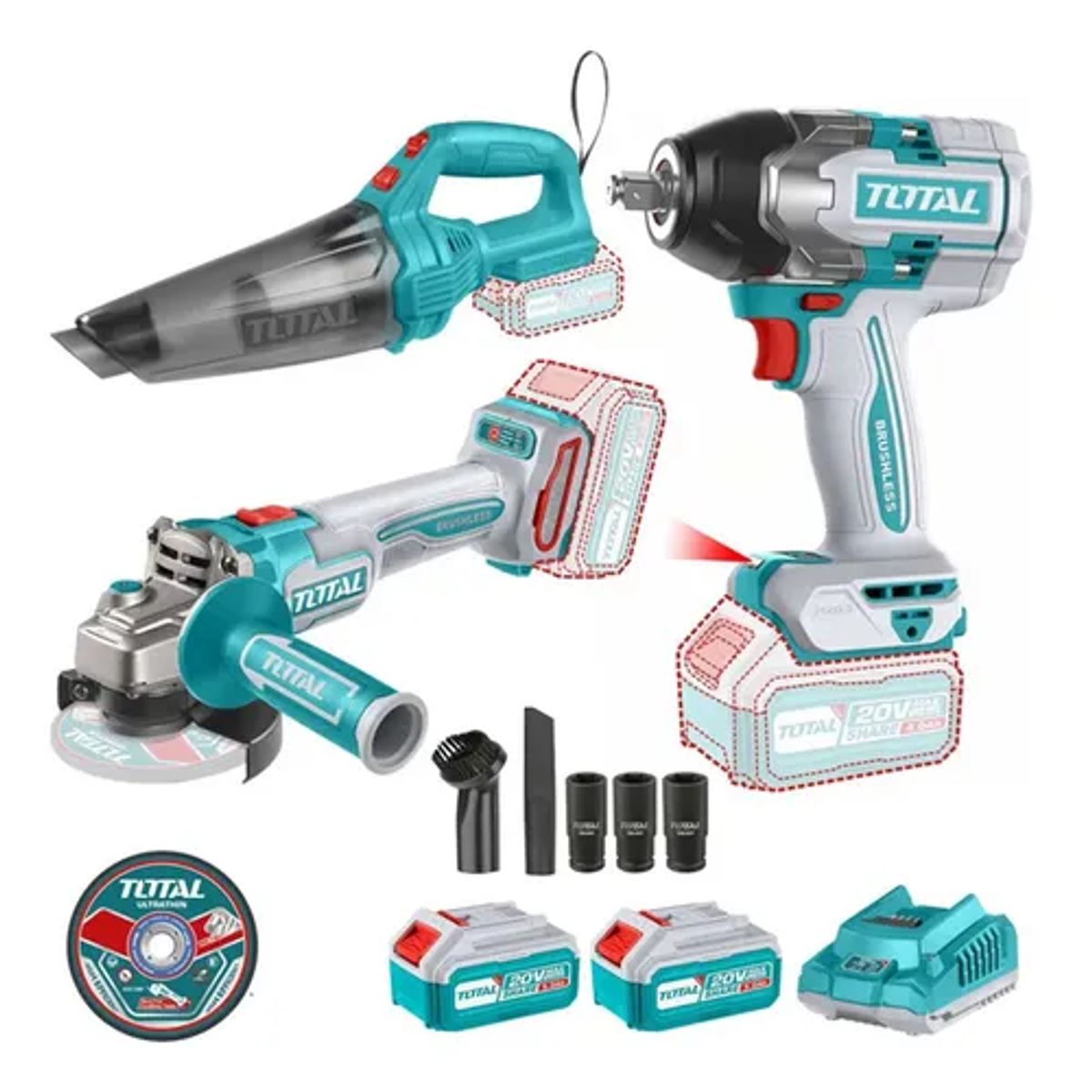 TOTAL TOOLS - Kit Llave Impacto+ Esmeril Galletera+ Aspiradora 20v Total