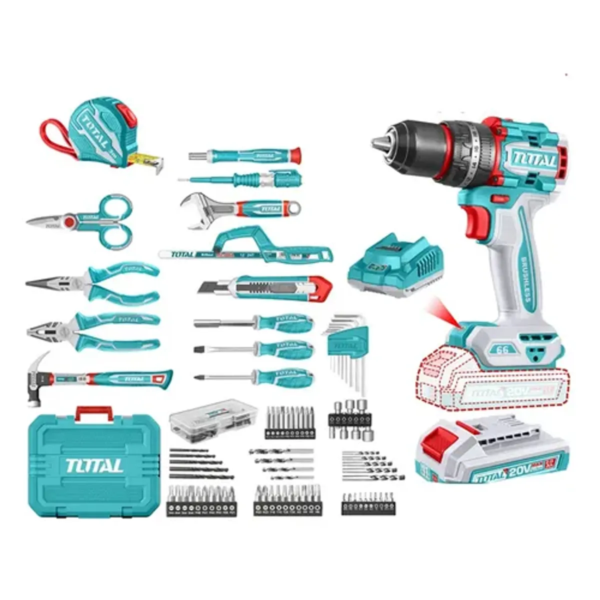 TOTAL TOOLS - Kit Taladro Percutor 20v + Herramientas - 165 Piezas Total
