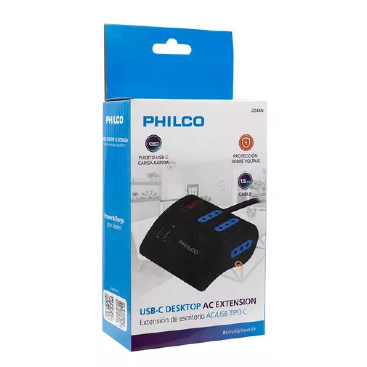PHILCO - Zapatilla Alargador Extension De Escritorio USB C Negro.