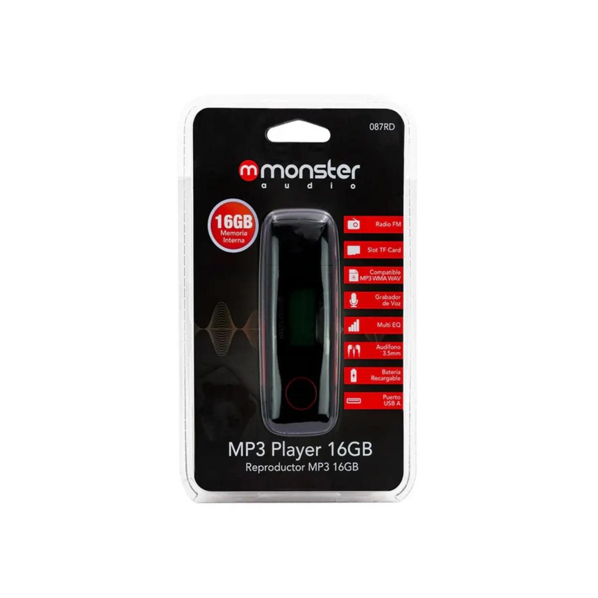 MONSTER - Reproductor Mp3 16Gb Radio FM Grabador De Voz Rojo Monster