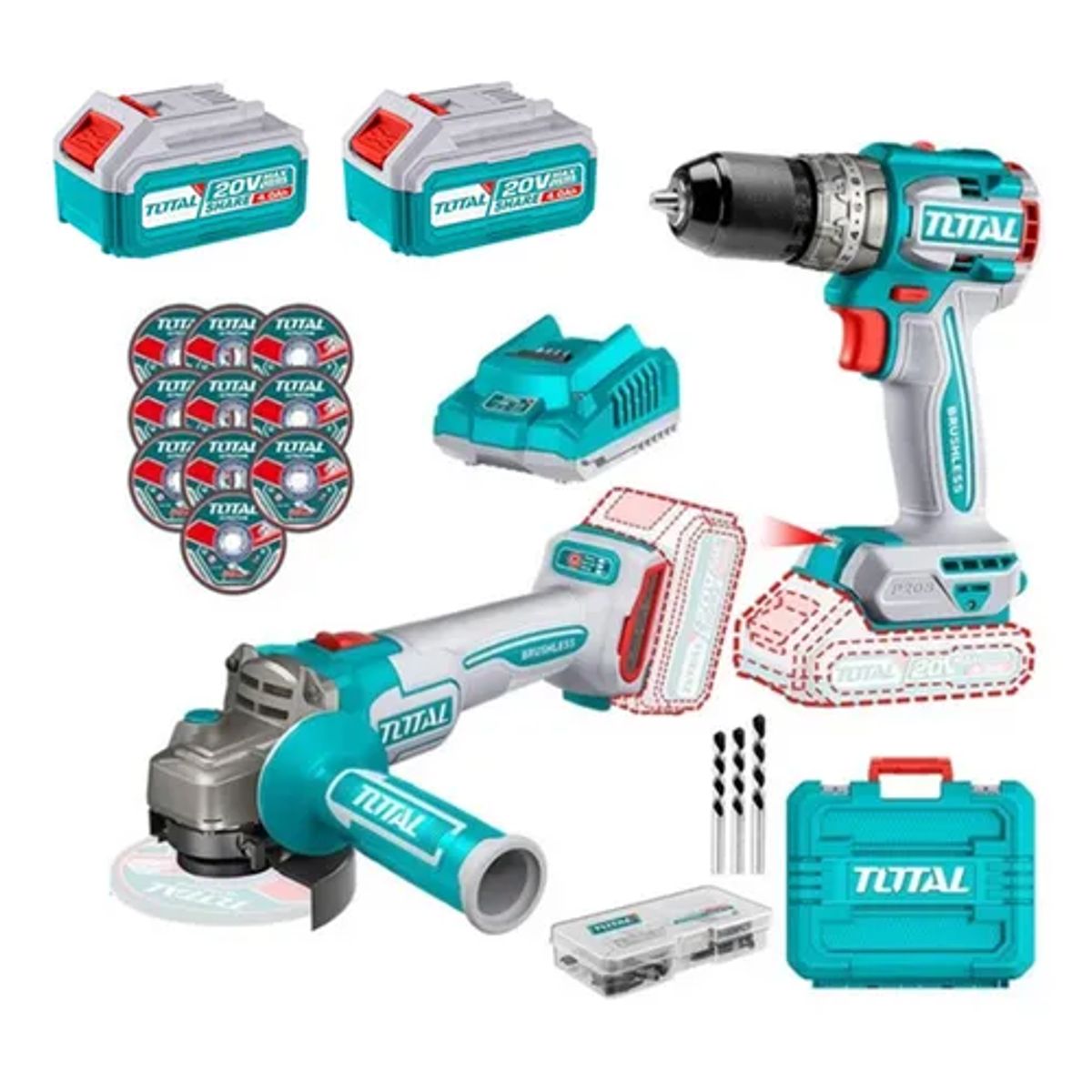 TOTAL TOOLS - Galletera Esmeril Angular + Taladro 66nm 20v Total