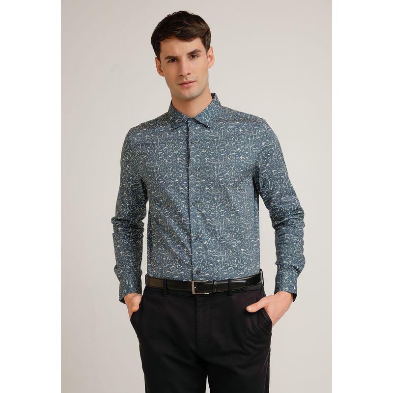 PERRY ELLIS - Camisa Hombre Manga Larga Stretch Estampada Gris Oscuro
