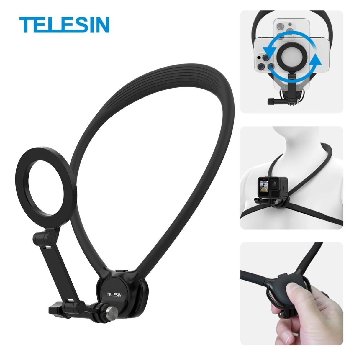 TELESIN - Soporte Cuello Magnético 2x1 para Smartphone y Camaras GoPro