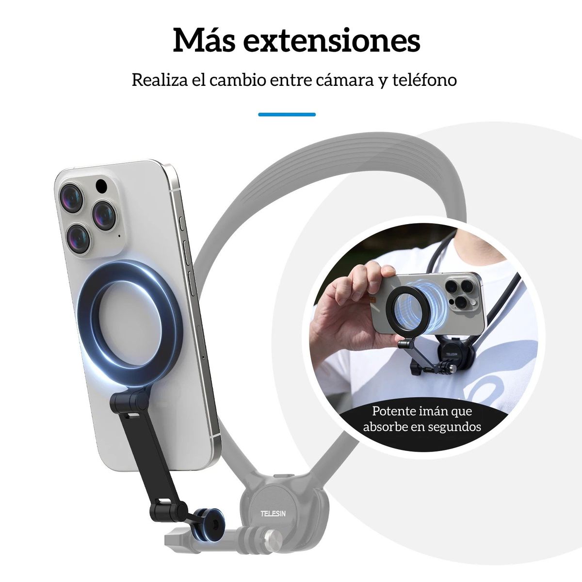 TELESIN - Soporte Cuello Magnético 2x1 para Smartphone y Camaras GoPro