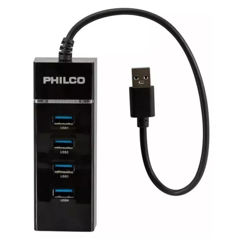 PHILCO - Adaptador HUB USB 3.0 4 Puertos Luz Indicadora Negro HB30N
