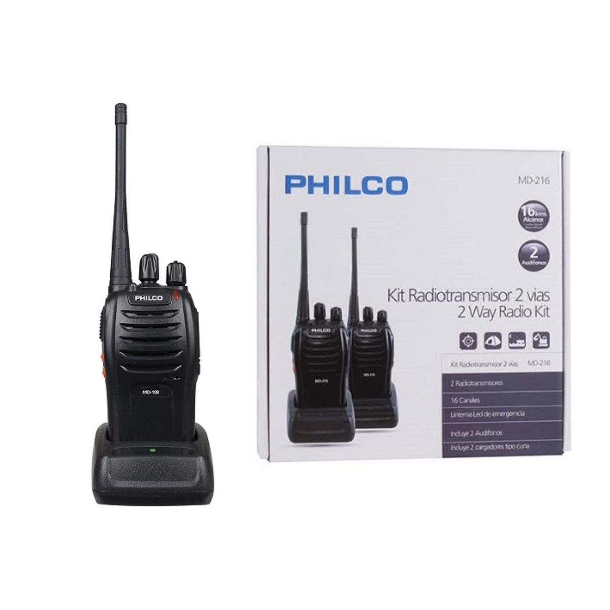 PHILCO - Kit 2 Radios Transmisores Walkie Talkie 16Kms Negro Philco