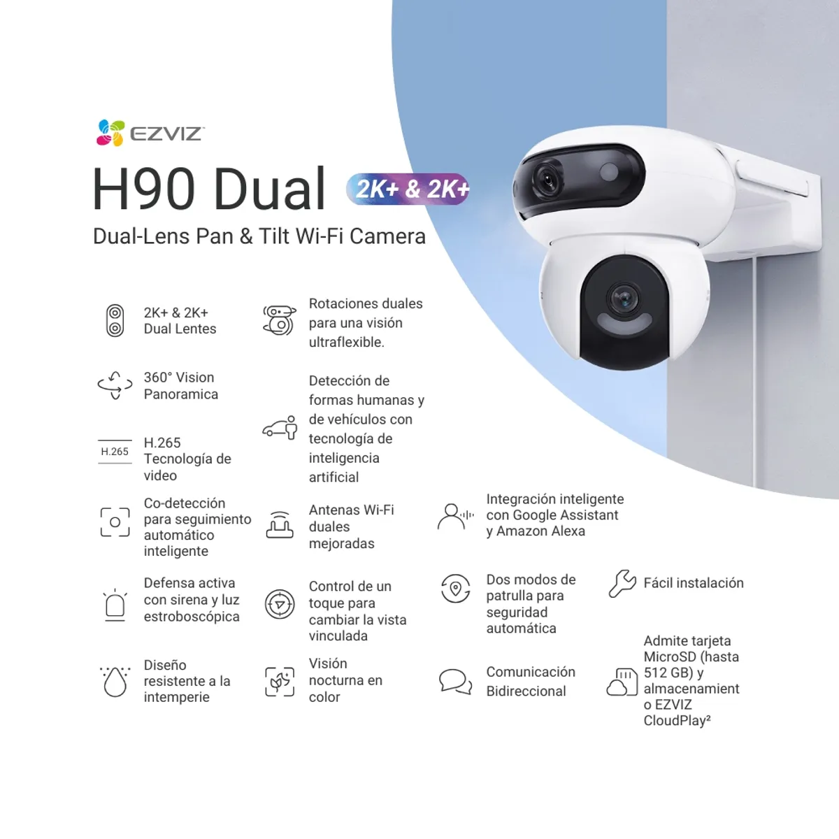 EZVIZ - EZVIZ H90 Dual 2K+  Cámara Seguridad  Doble lente Giratorio 4mp  con IA y Sirena