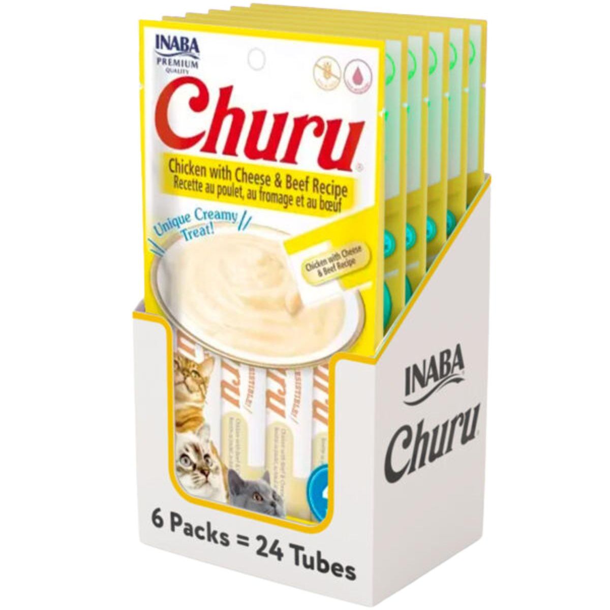 INABA - Churu Cat Pollo, Vacuno y Queso 14g x4 - Pack 6 Unid