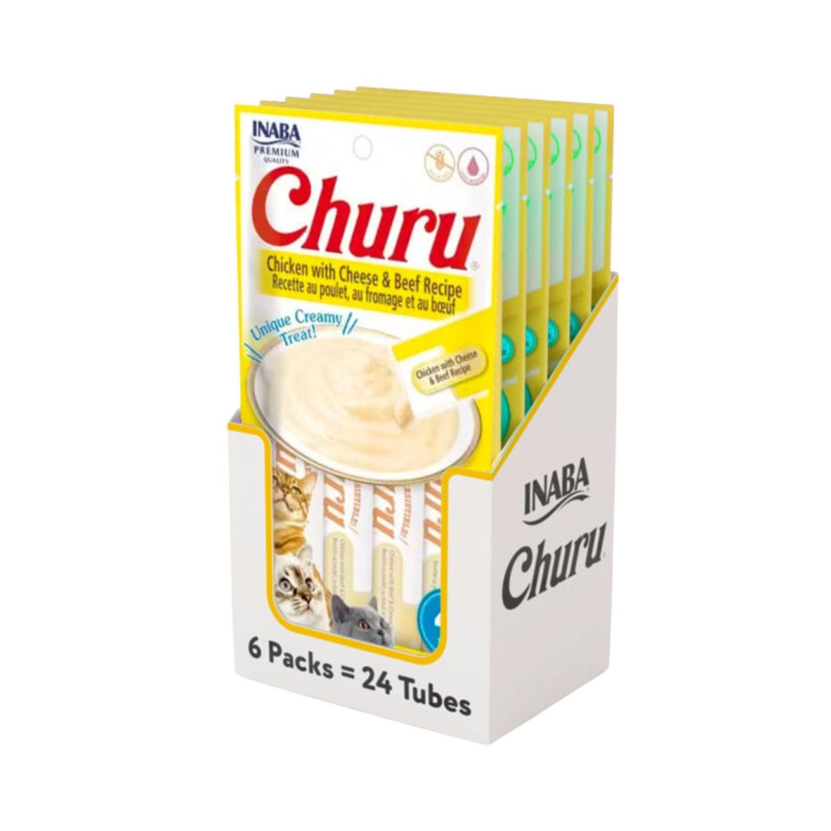 INABA - Churu Cat Pollo, Vacuno y Queso 14g x4 - Pack 6 Unid