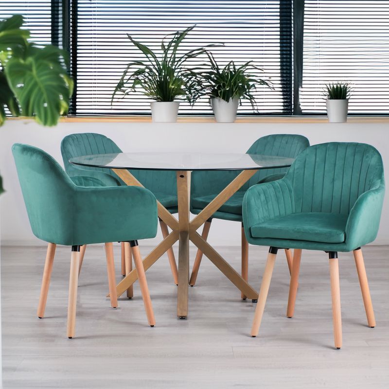 PANDALINO - Comedor Mesa Redonda Equiz 120cm + 4 Butacas Almer Verde Esmeralda