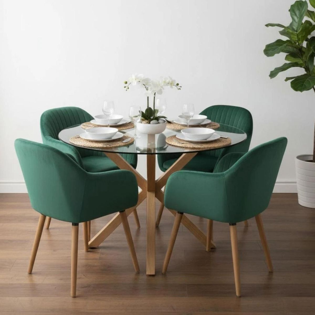 PANDALINO - Comedor Mesa Redonda Equiz 120cm + 4 Butacas Almer Verde Esmeralda