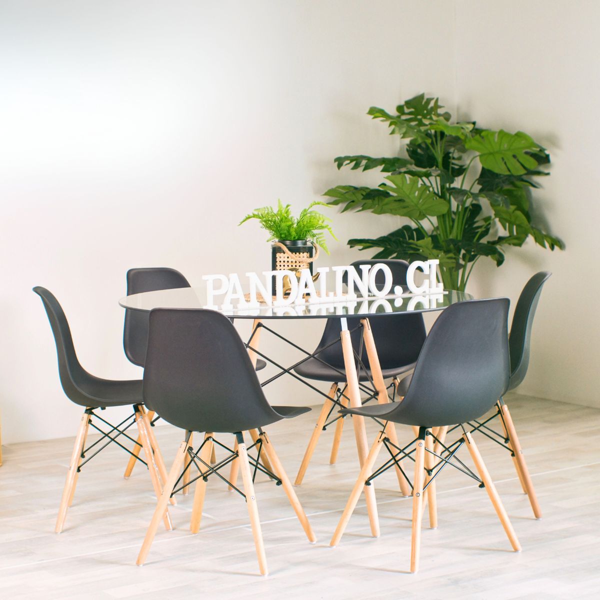 PANDALINO - Comedor Mesa Redonda Elida 120cm + 6 Sillas Eames Negra