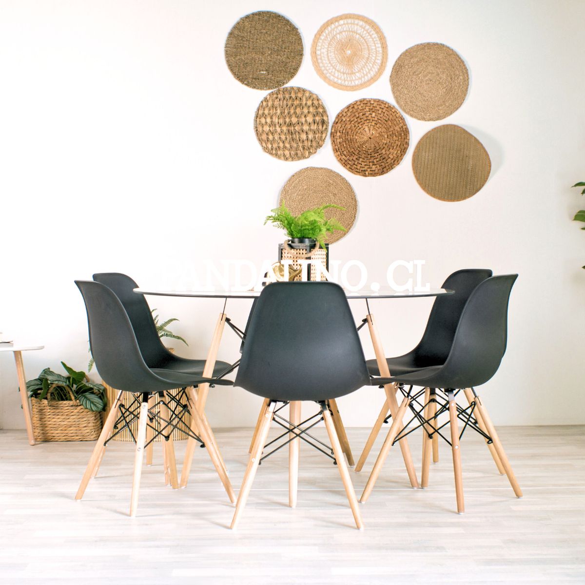 PANDALINO - Comedor Mesa Redonda Elida 120cm + 6 Sillas Eames Negra