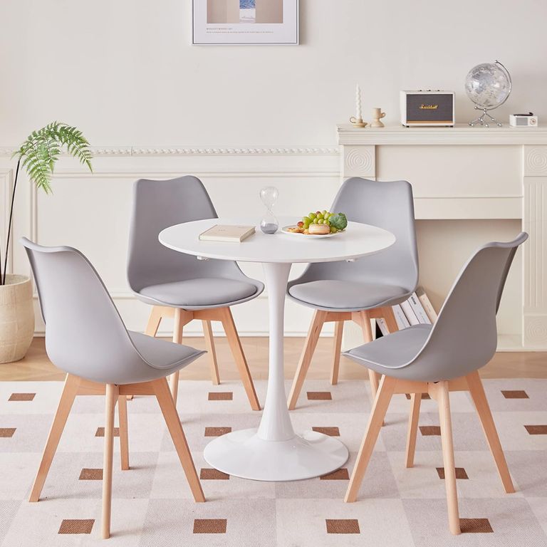 Comedor Mesa Tulip Redonda 80cm Blanca + 4 Sillas Tulip Gris Gris claro