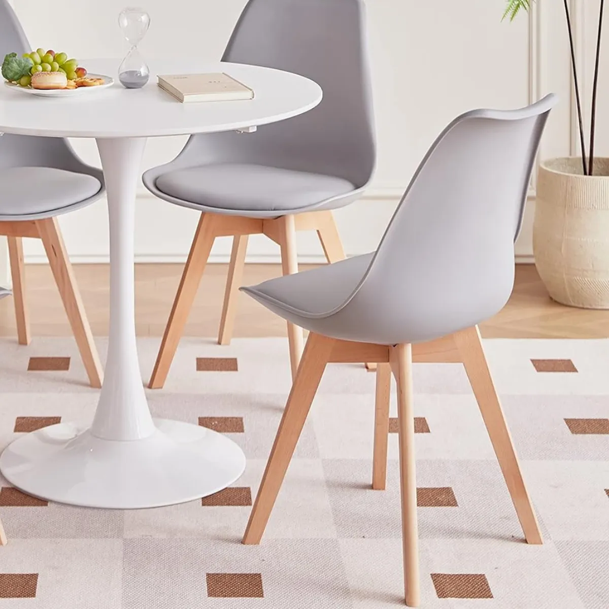 PANDALINO - Comedor Mesa Tulip Redonda 80cm Blanca + 4 Sillas Tulip Gris