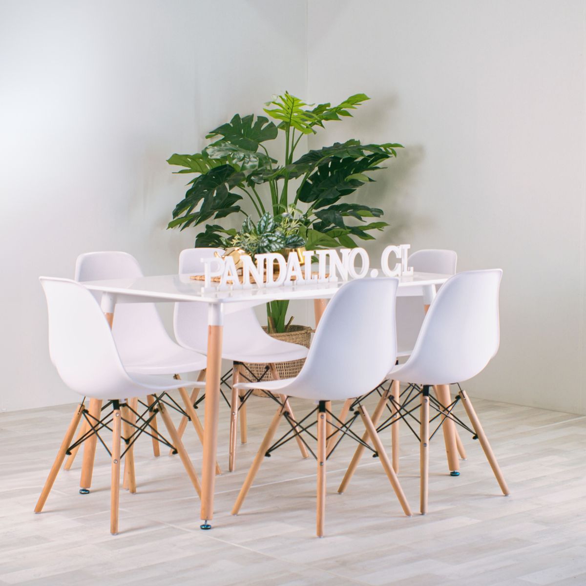 PANDALINO - Comedor Mesa Rectangular Brunell 120x80 Blanco + 6 Sillas Eames Blanca