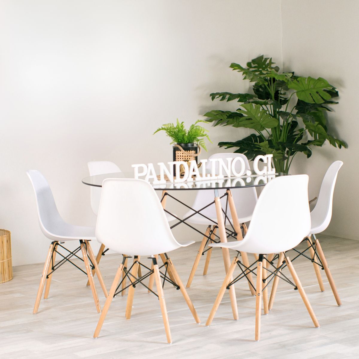 PANDALINO - Comedor Mesa Redonda Elida 120cm + 6 Sillas Eames Blanca