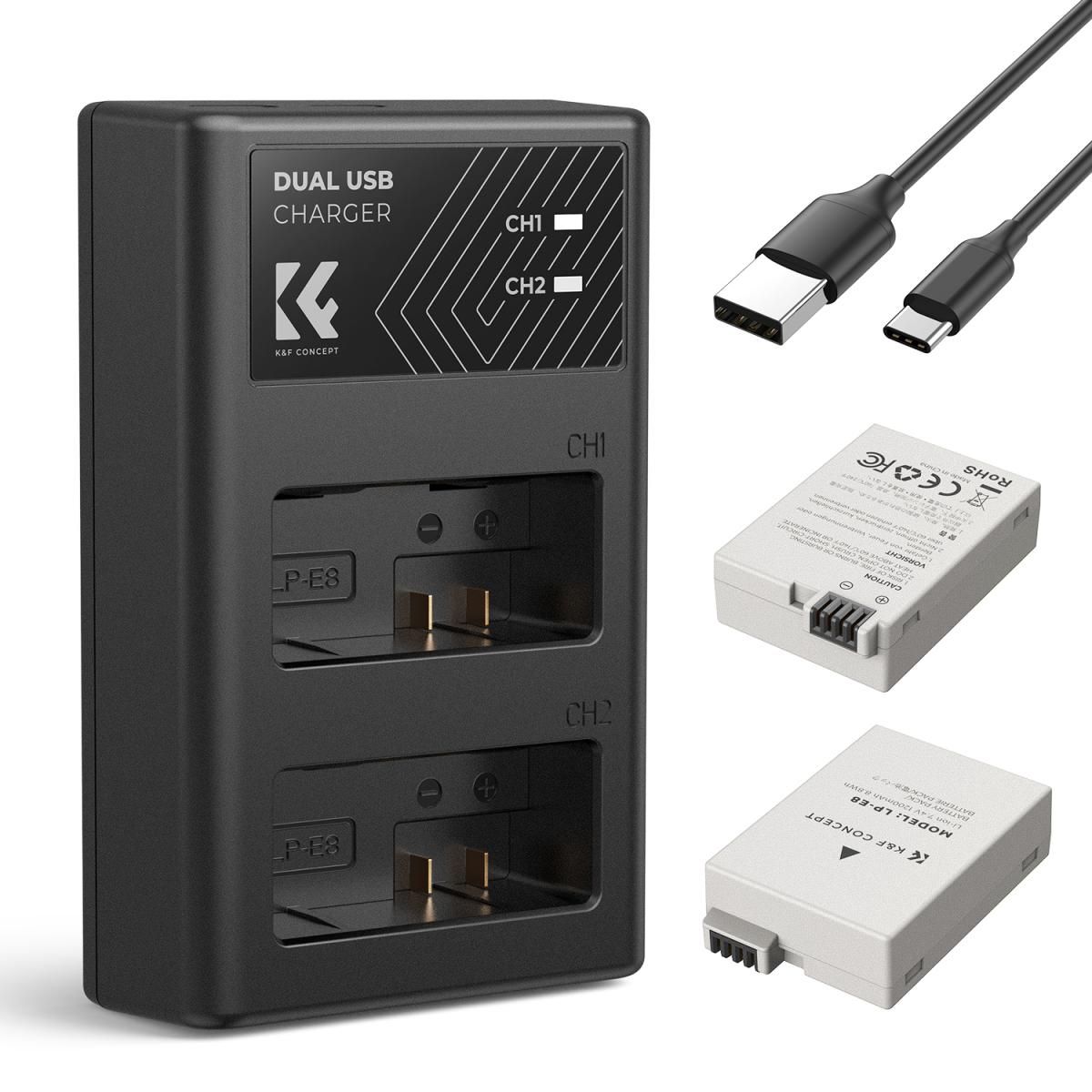 GENERICO - KIT KF CONCEPT CARGADOR DUAL + 2 BATERÍAS LP-E8 CANON 1200MAH