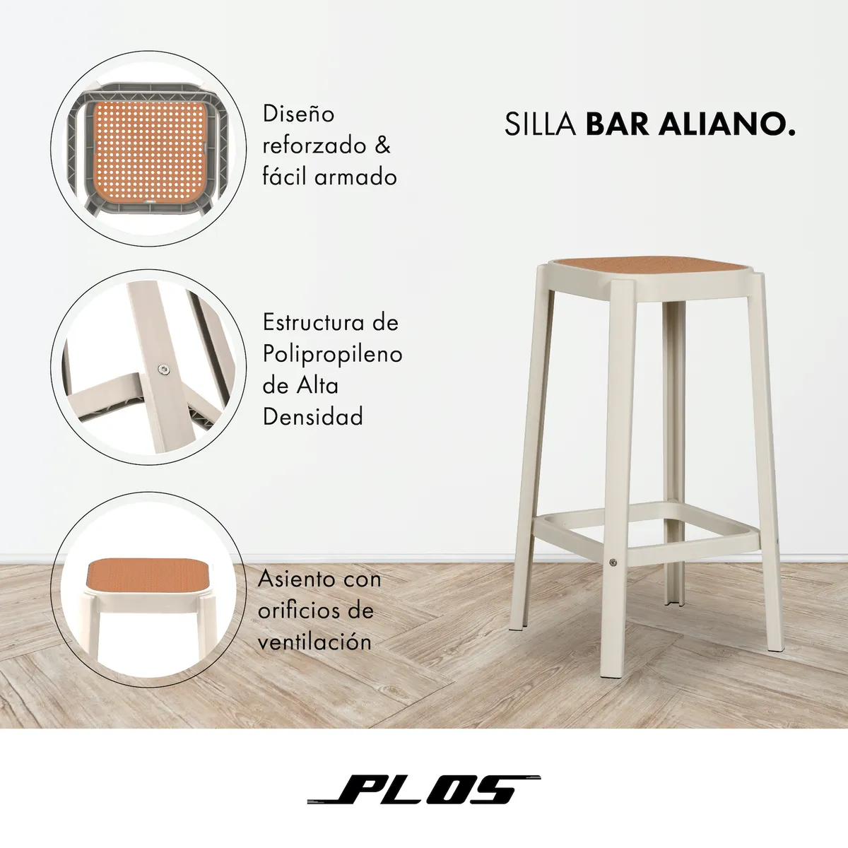 PLOS - Silla Piso Bar Taburete Pack X4 Altura 65 Cm Aliano Plos Blanco