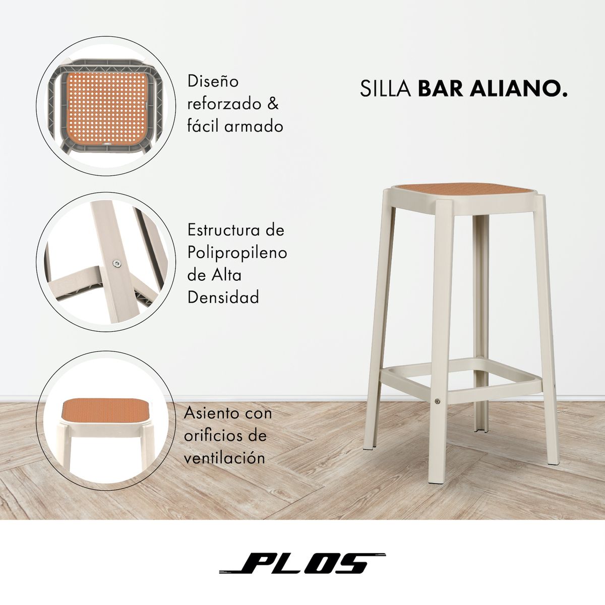 Silla Piso Bar Taburete Pack X6 Altura 65 Cm Aliano Plos Blanco, marca PLOS - Foto 2