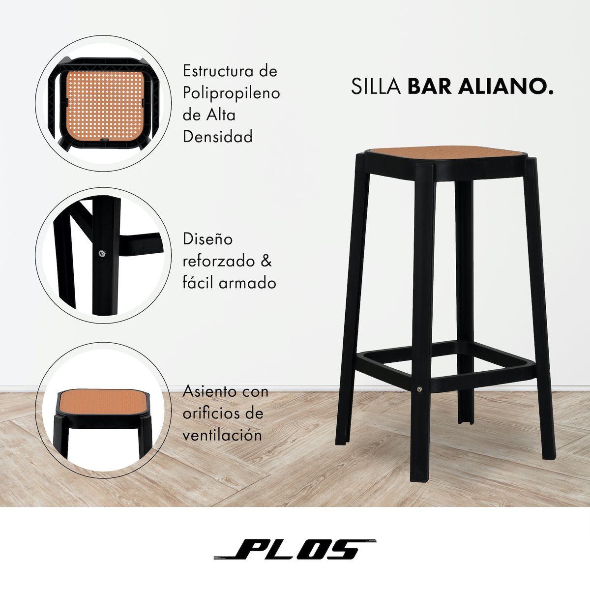 PLOS - Silla Piso Bar Taburete Pack x2 Altura 65 Cm Aliano Plos Negro