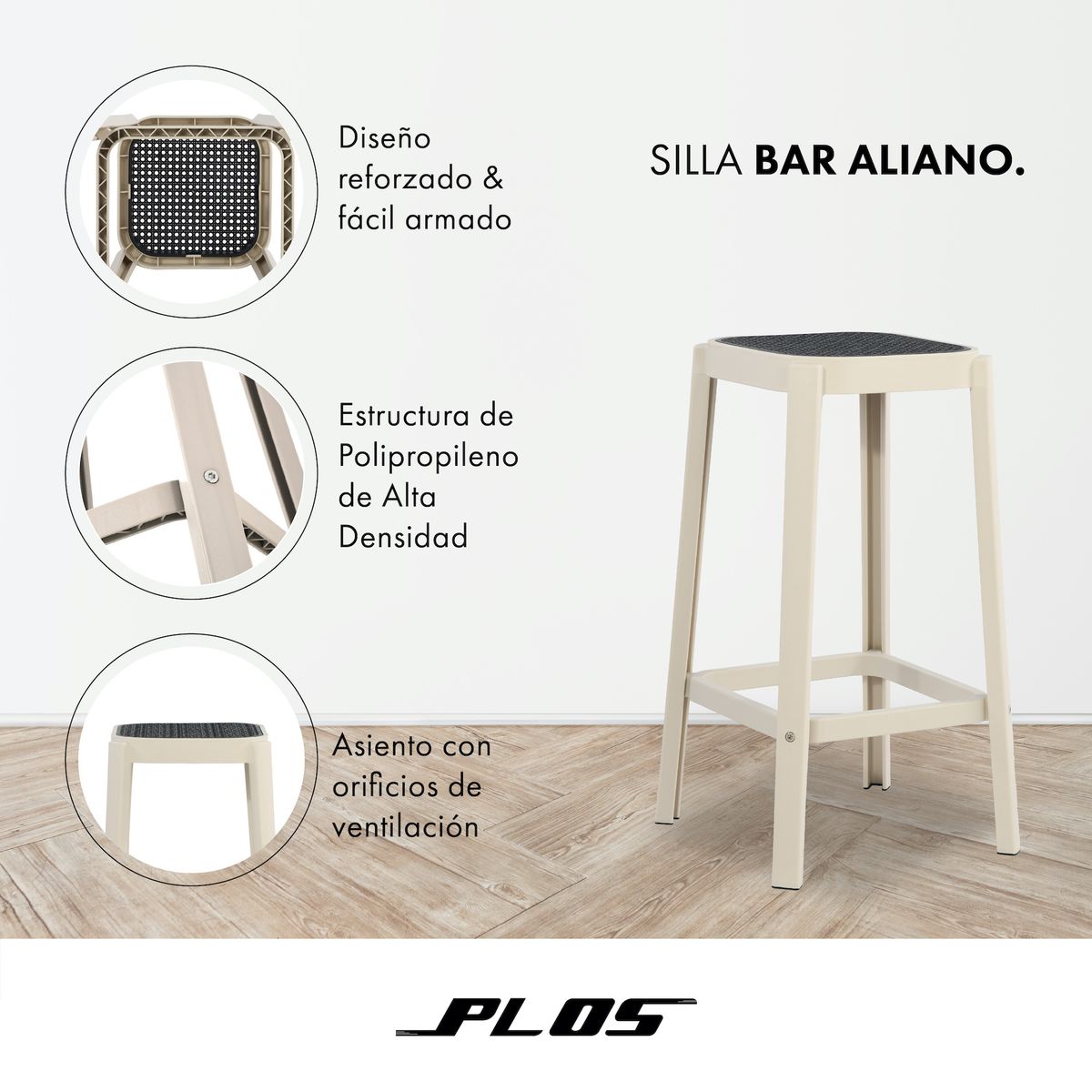 PLOS - Silla Piso Bar Taburete x1 Unidad Altura 65 Cm Aliano Plos Blanco