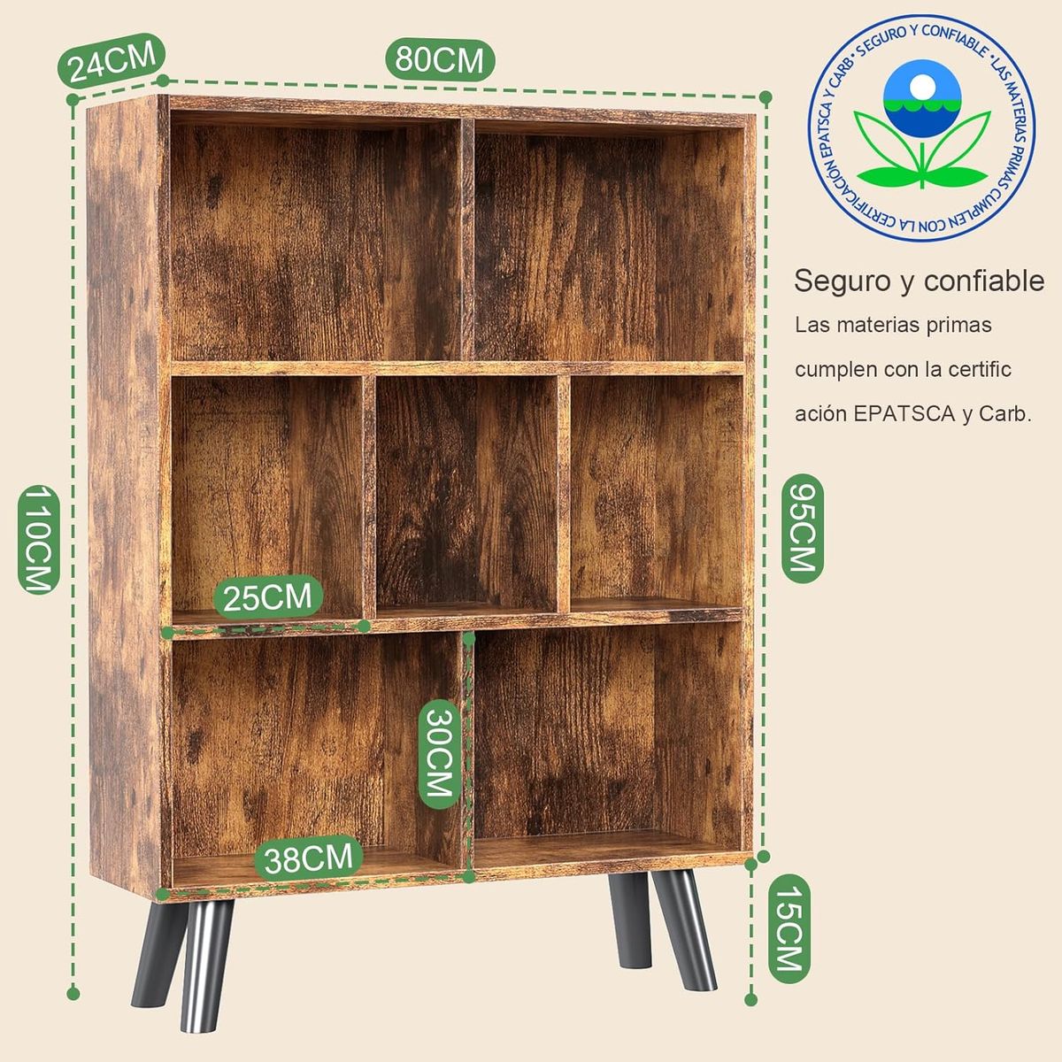 GENERICO - SIMPLE HOGAR Cube Librero, 3 Capas 7 Celdas con Patas Madera Vintage