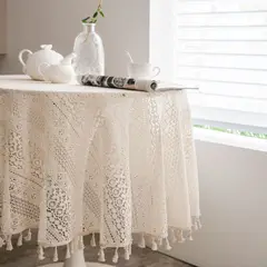 PUREPOWER - Mantel Bohemio Crochet Circular Φ150cm Bodas Rústico Beige
