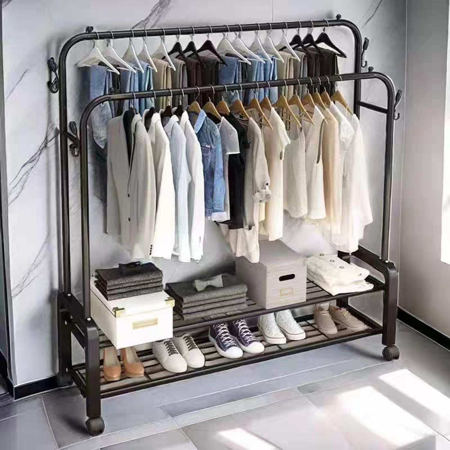 Perchero blanco Doble Barra Organizador De Ropa Con Ruedas 48 KG