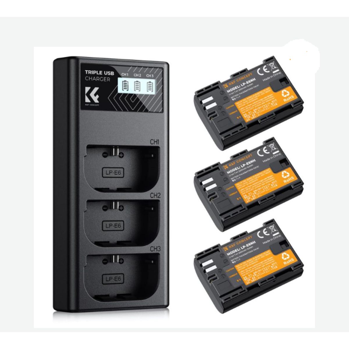GENERICO - KIT KF CONCEPT CARGADOR TRIPLE + 3 BATERÍAS LP-E6 PARA CANON