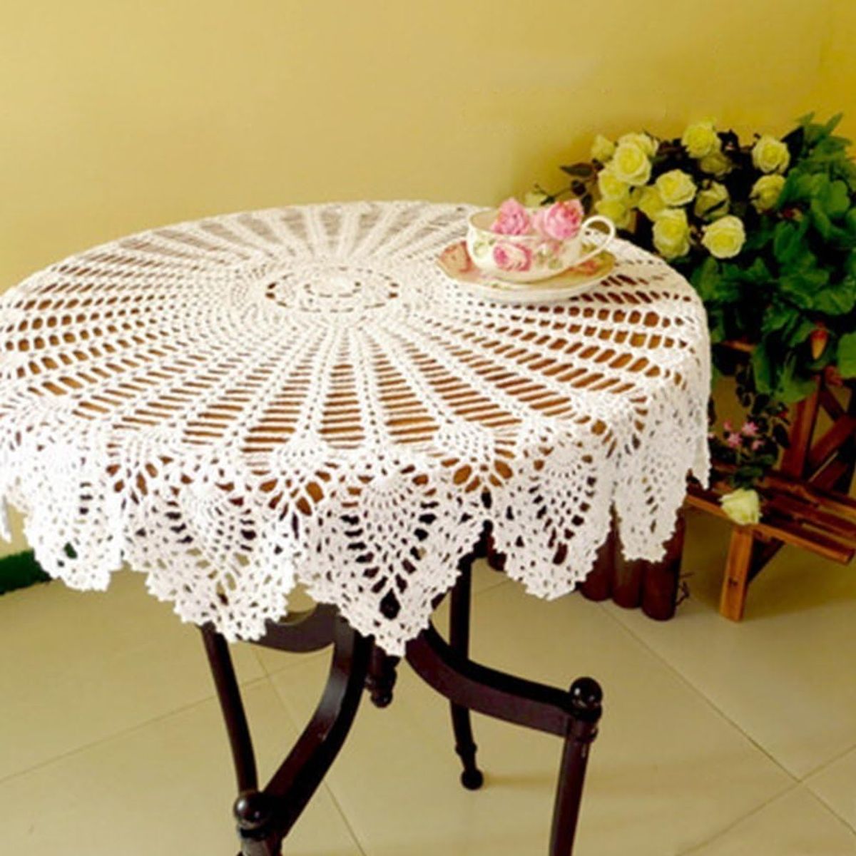 PUREPOWER - Mantel redondo de crochet hecho a mano Φ90cm -Tapete vintage para boda