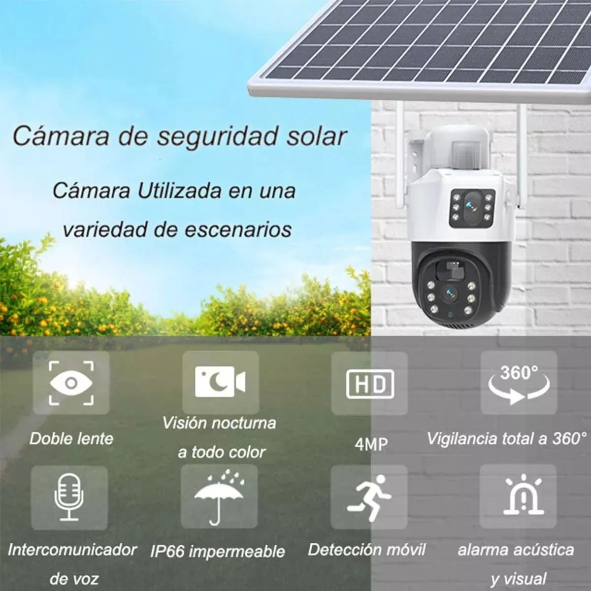 GENERICO - Cámara Seguridad Solar Doble Lente Wifi Exterior Nocturna