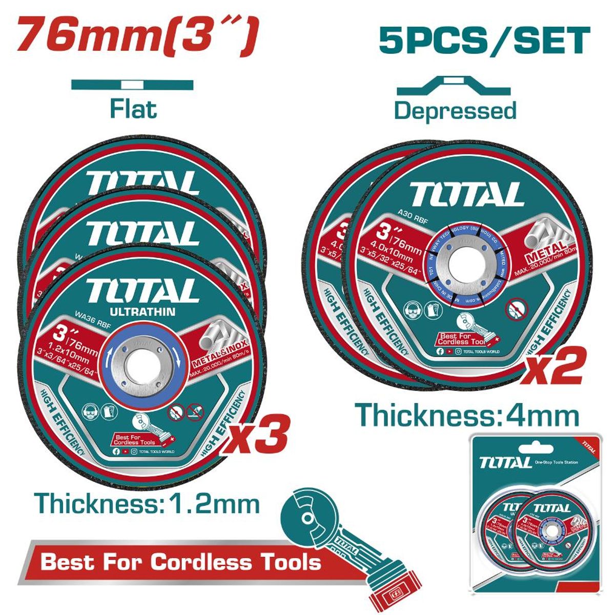 TOTAL TOOLS - JUEGO 5 DISCOS ABRASIVOS CORTE 3 TOTAL TAC303768