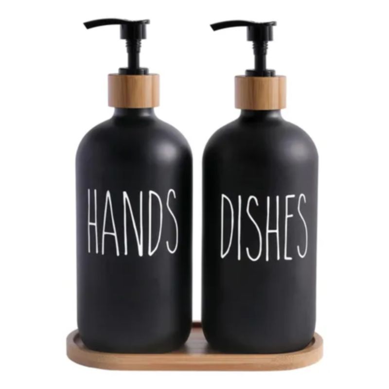GENERICO - Set 2 Dispensadores De Jabon Vidrio Con Bandeja De Bambu - Negro