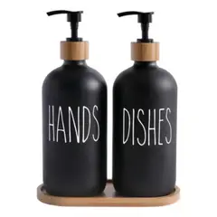 GENERICO - Set 2 Dispensadores De Jabon Vidrio Con Bandeja De Bambu - Negro