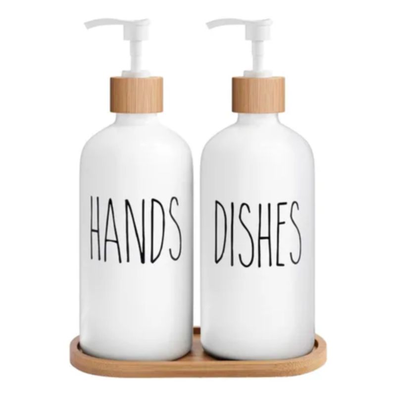 GENERICO - Set 2 Dispensadores De Jabon Vidrio Con Bandeja De Bambu - Blanco